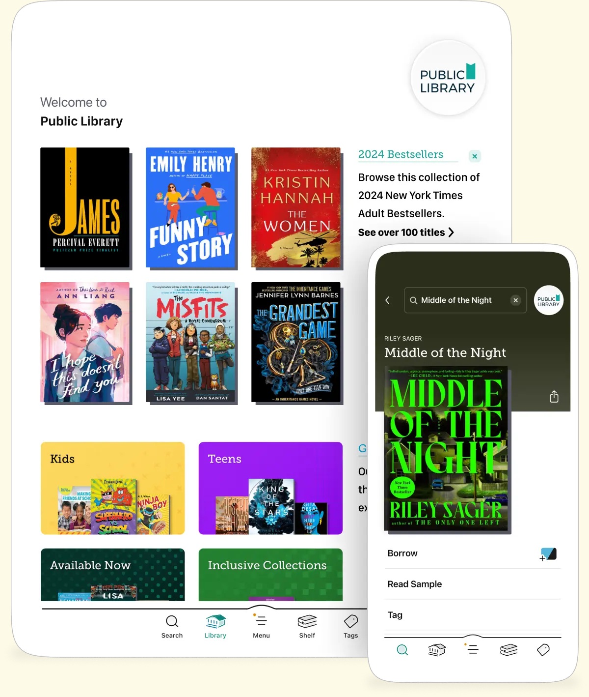 OverDrive product image showing Libby’s library shelves on a tablet and a book borrowing screen on a phone
