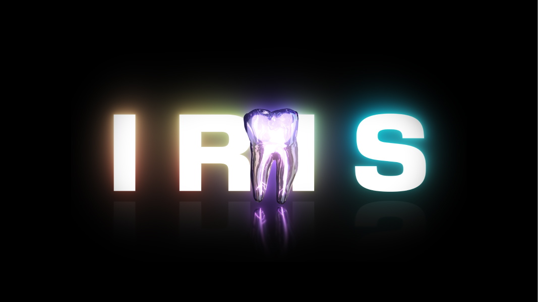 Overjet IRIS product graphic with a glowing tooth replacing the letter I