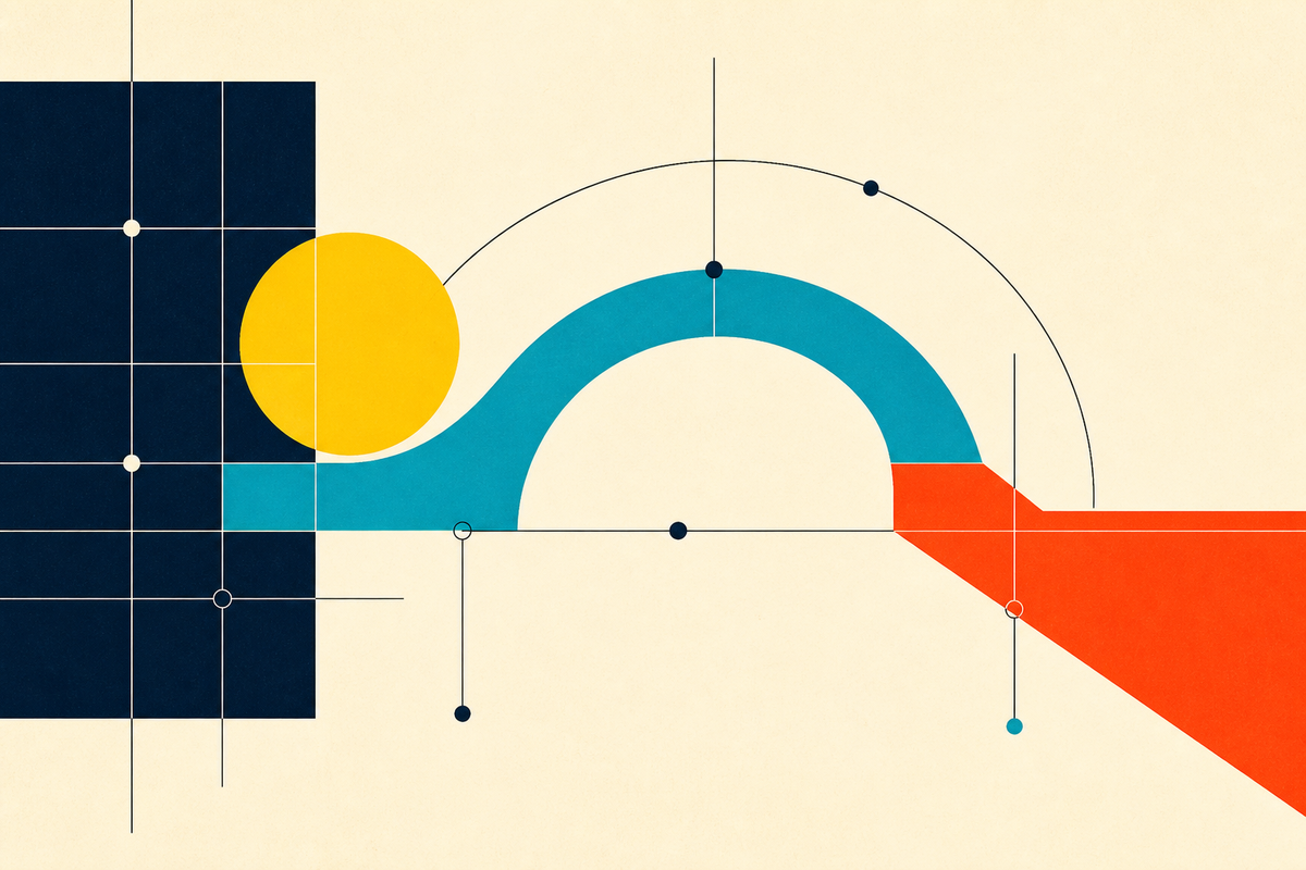 Abstract Swiss-style composition of a grid, energy circle, bridge, and forward arrow