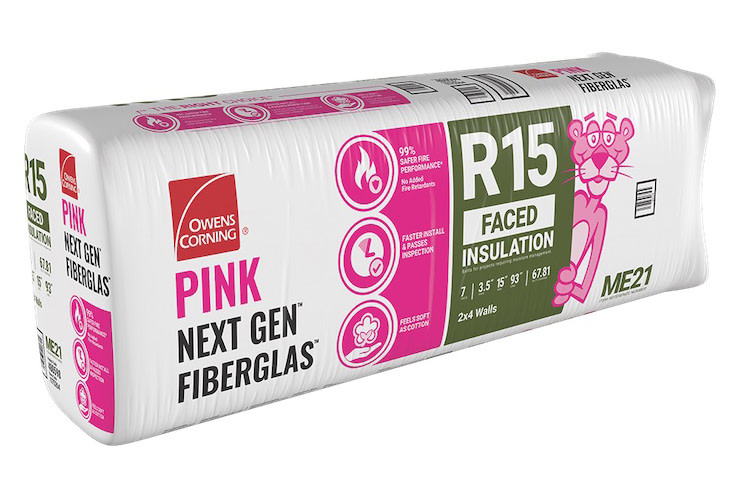A packaged R-15 faced PINK Next Gen fiberglass insulation batt product