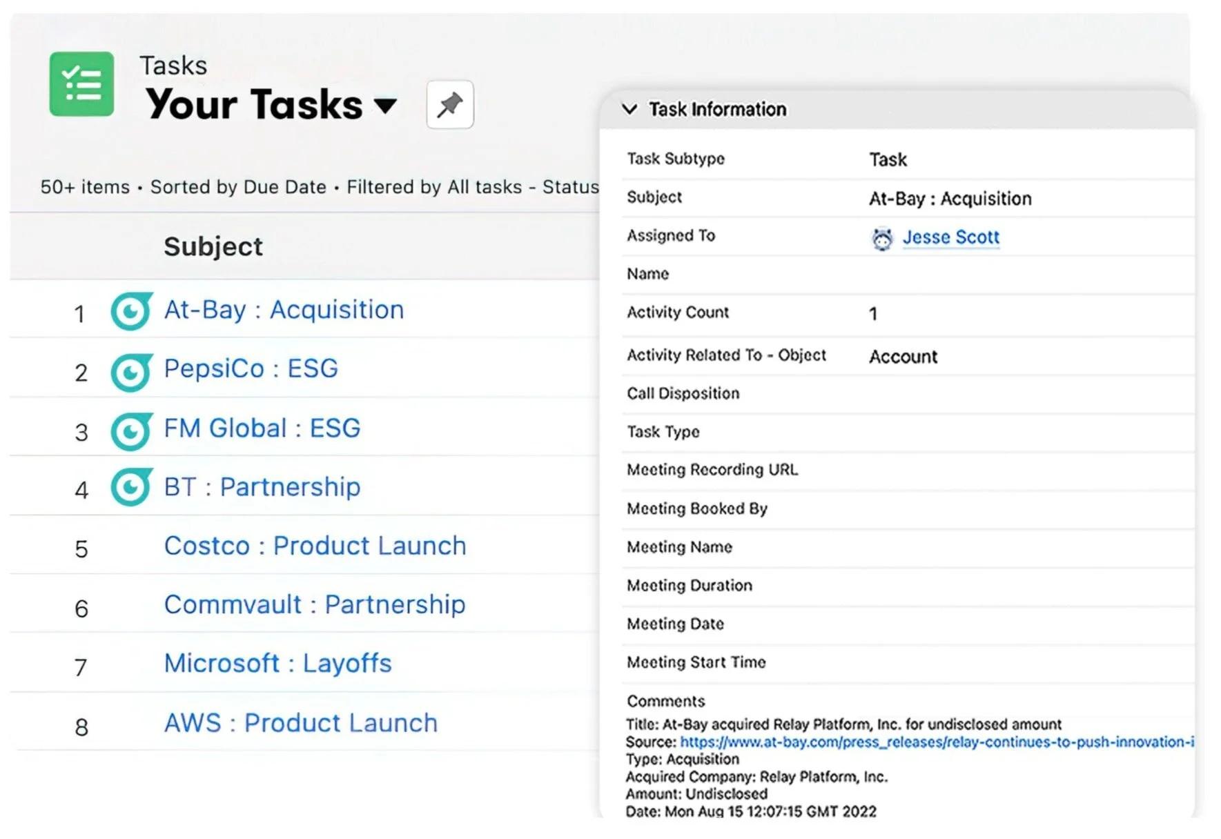 Owler’s published Salesforce integration example showing company events turned into account tasks