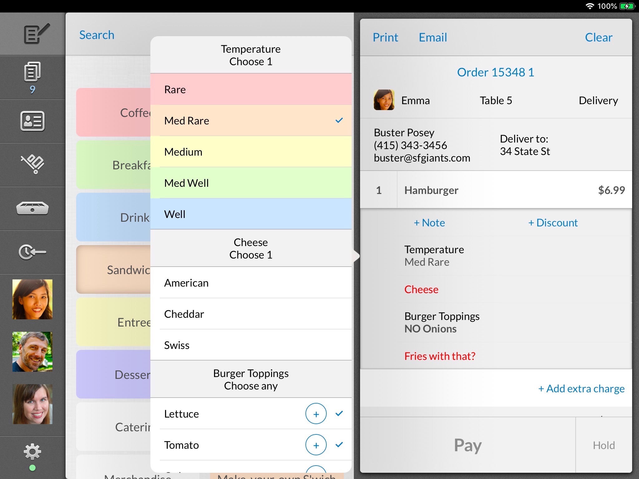 Historical Instore iPad point-of-sale screen showing restaurant order modifiers and an active ticket