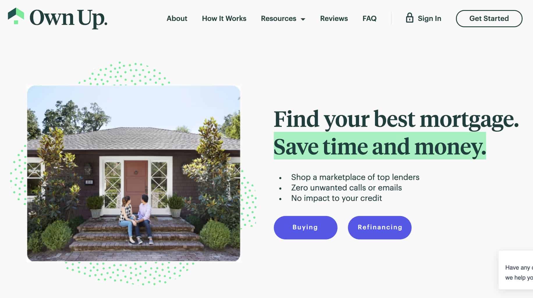 Historical Own Up homepage showing buying and refinancing choices
