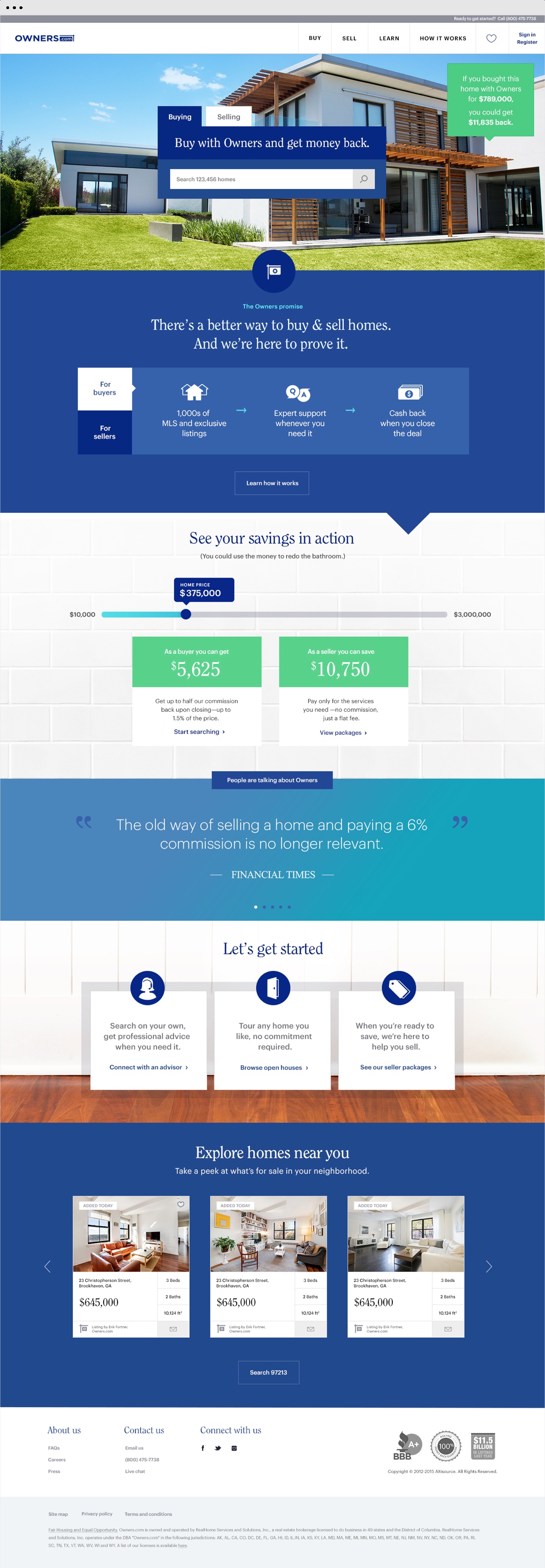 Archived Owners.com website design showing home search and a buyer savings message