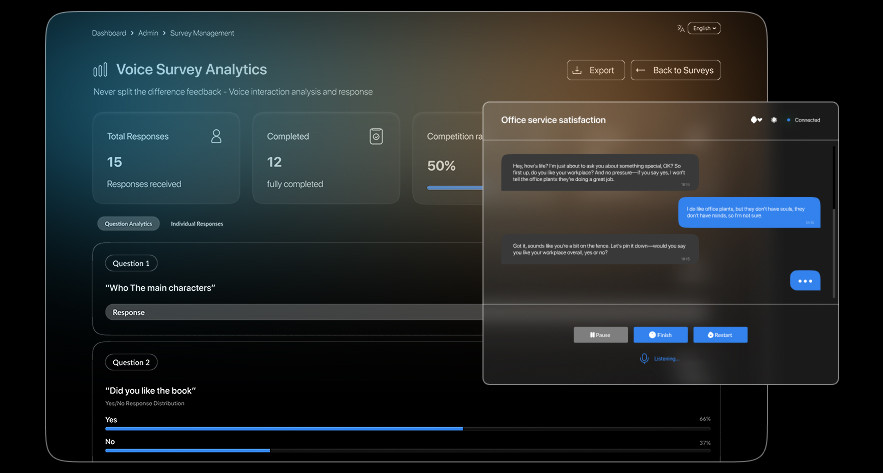 Voiager promotional interface showing voice survey analytics and a conversational interview window