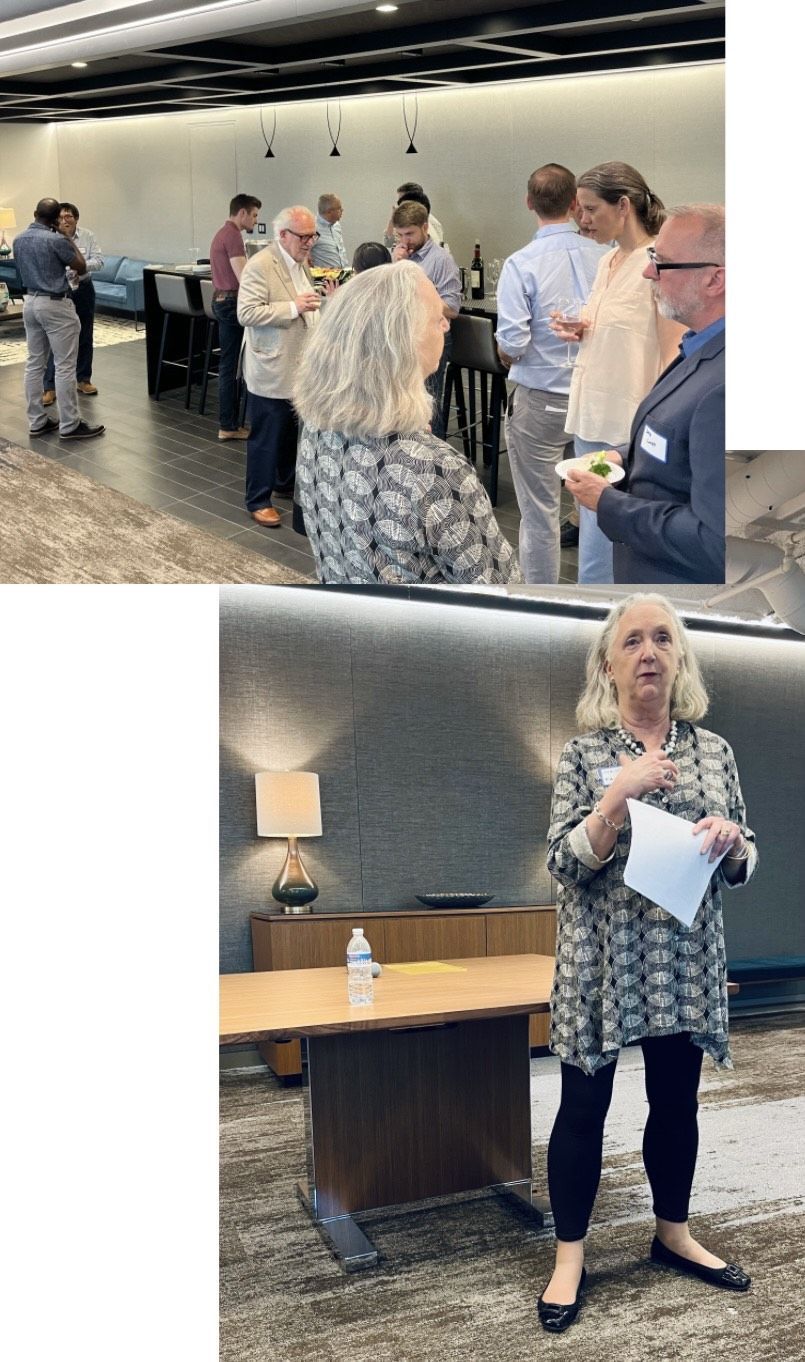 Two photographs from an Oxford Entrepreneurs Network New England gathering, showing alumni in conversation and Christine Fairchild speaking