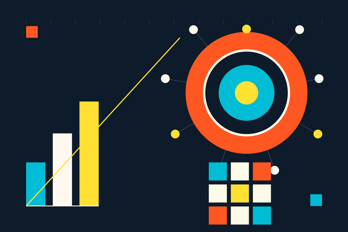 Swiss-style graphic: ascending fund bars, a concentric network disc with nodes, and a portfolio module grid