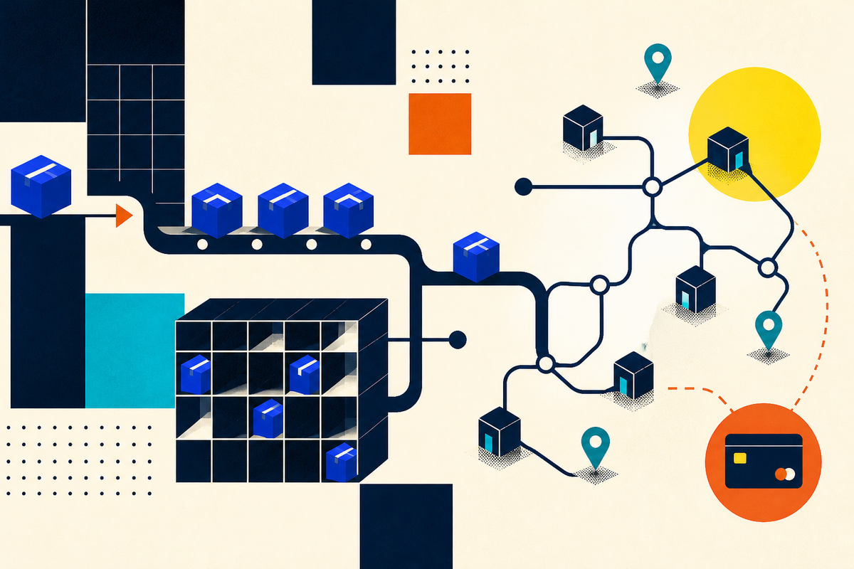 Abstract geometric illustration of parcels moving from a warehouse through delivery and payment networks