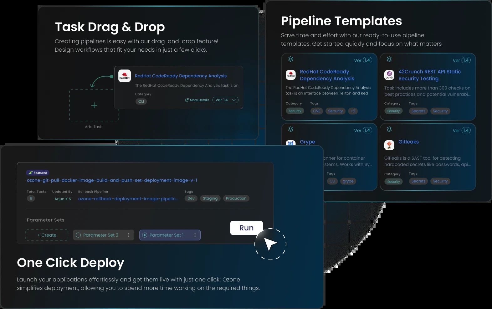 Ozone product graphic showing drag-and-drop tasks, pipeline templates and deployment controls