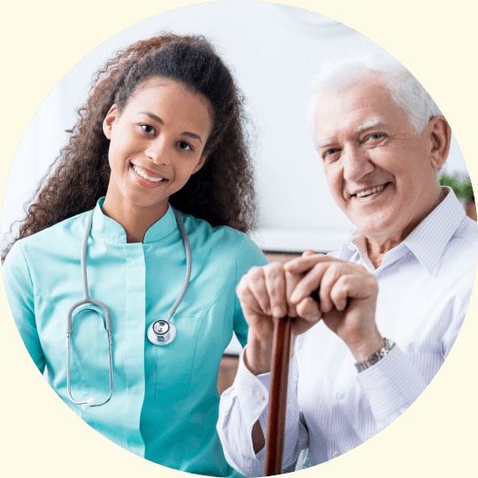 P3 marketing photograph depicting a clinician beside an older adult