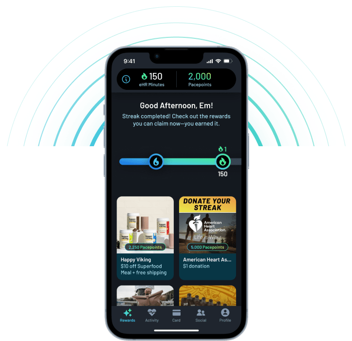 Paceline app screen showing 150 elevated heart rate minutes, a streak, and Pacepoints