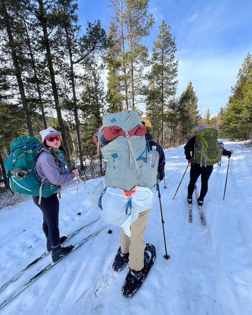 A group moving through a snowy trail with skis and packs
