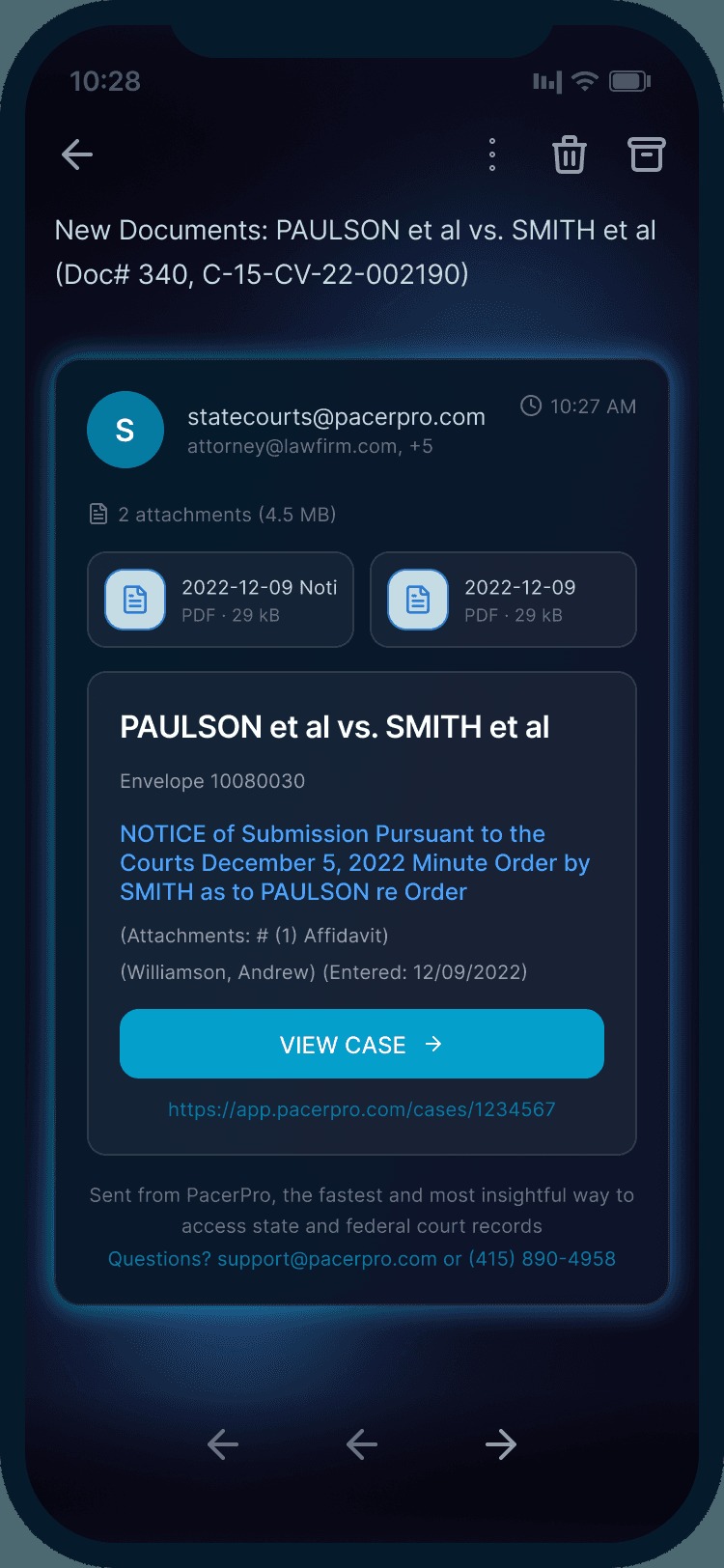 PacerPro PDF2Go product screen showing a court filing delivered with attachments