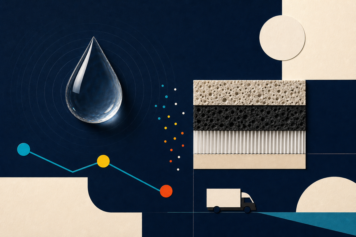 Abstract Swiss-style composition of a water droplet, filtration layers, route nodes and a service truck