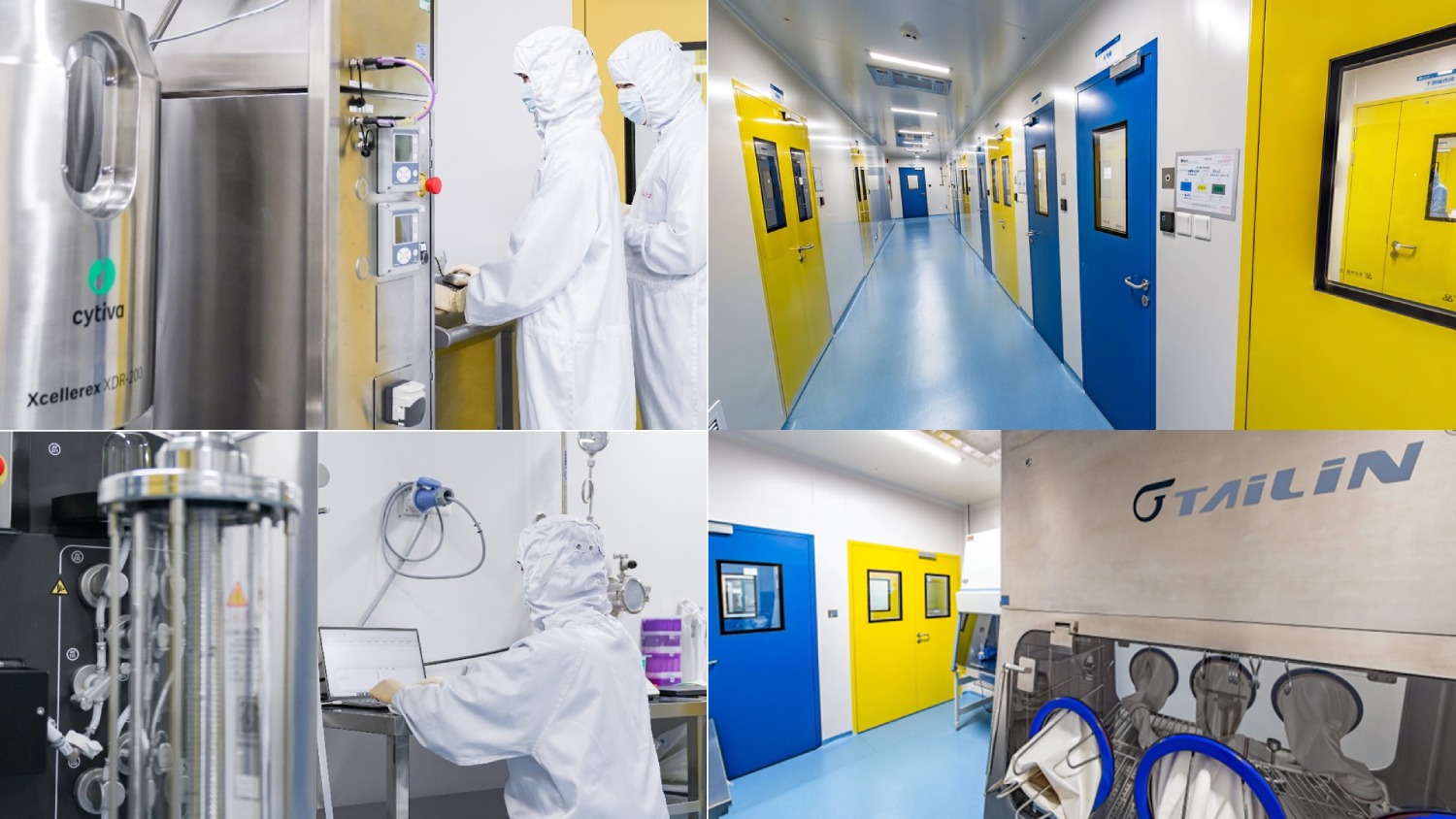 PackGene’s GMP plasmid manufacturing site, showing equipment, cleanroom operators and production corridors