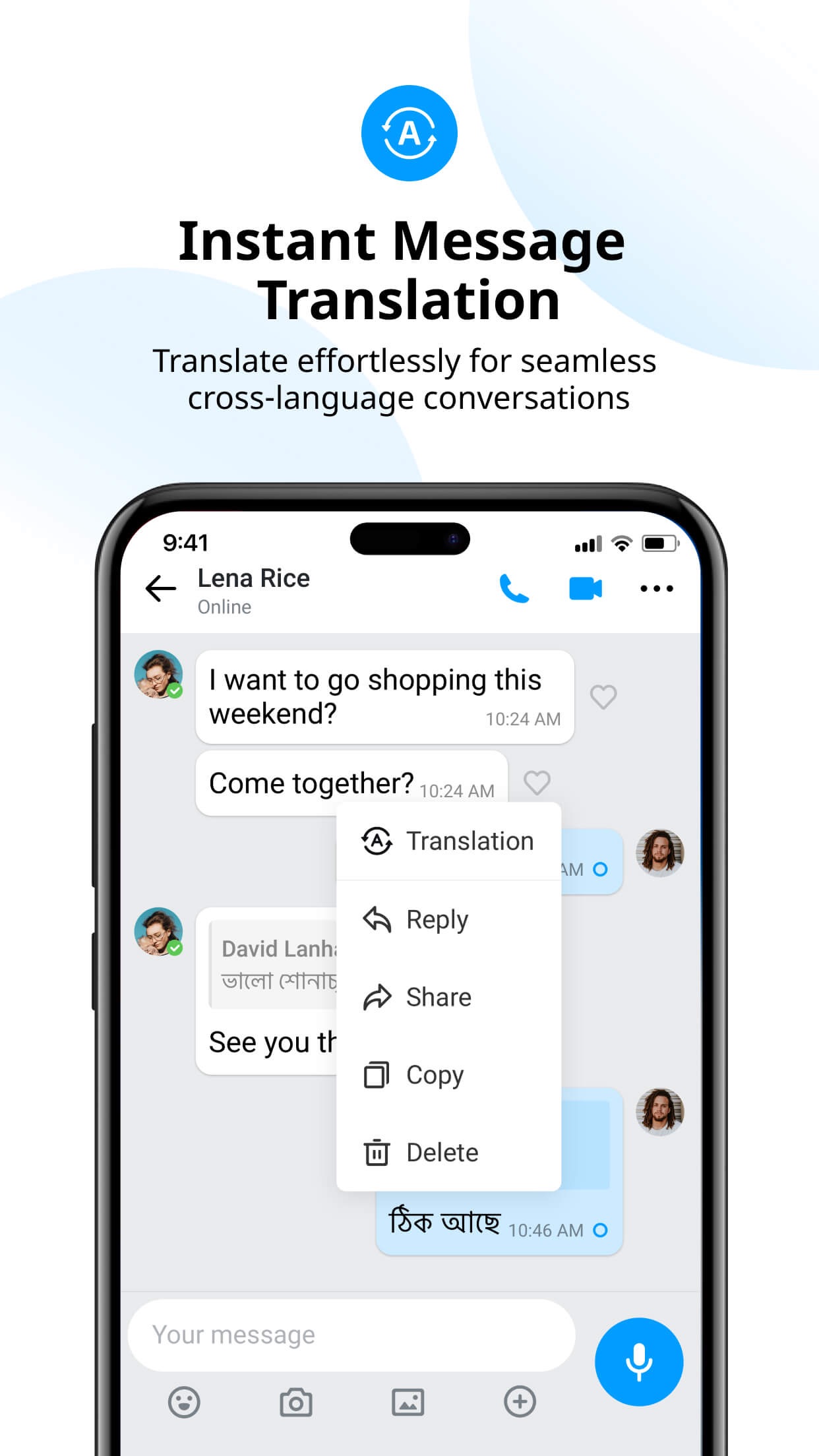 imo promotional screenshot showing its message translation option in a chat