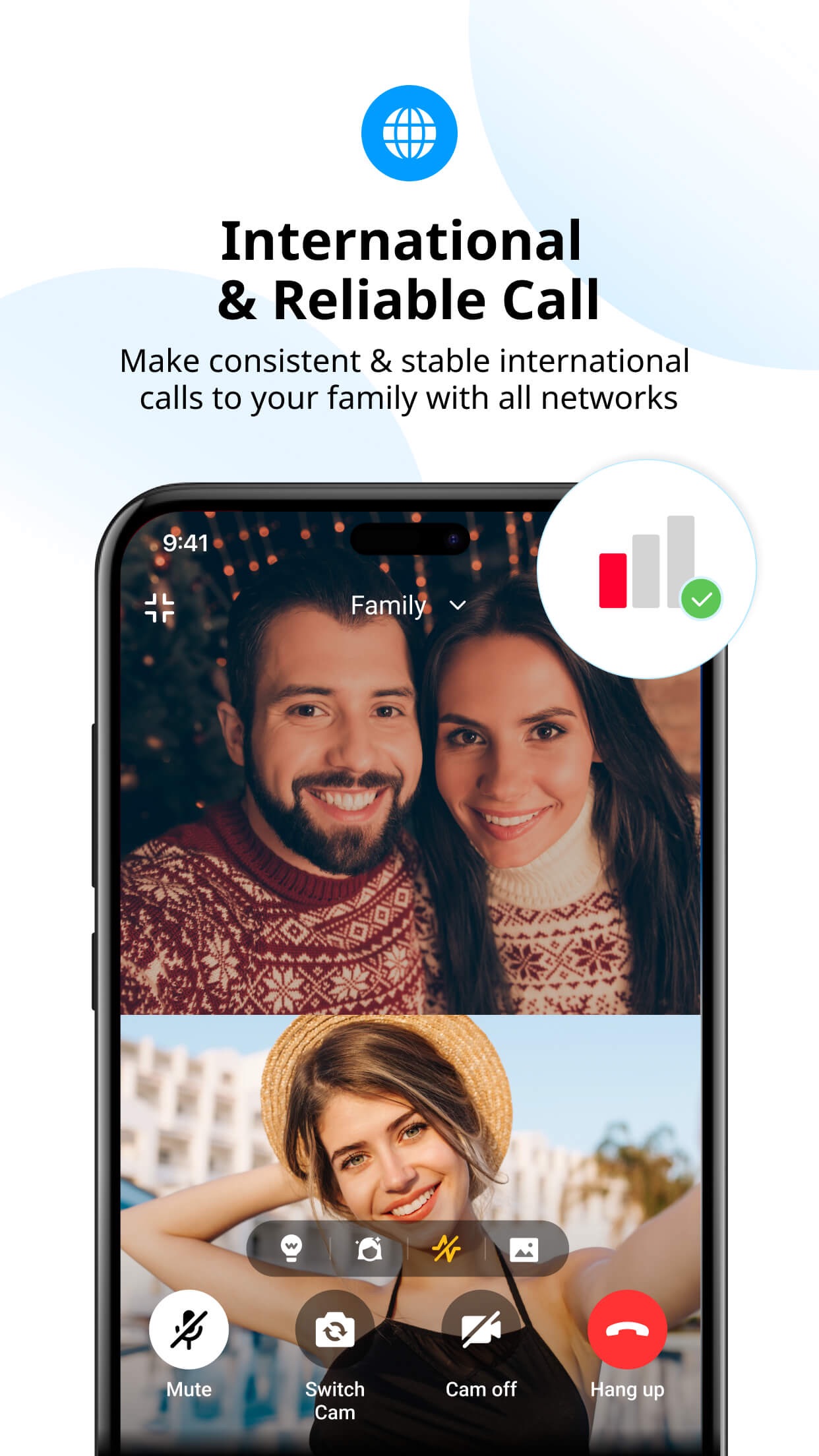 imo promotional screenshot showing a family video call on a phone