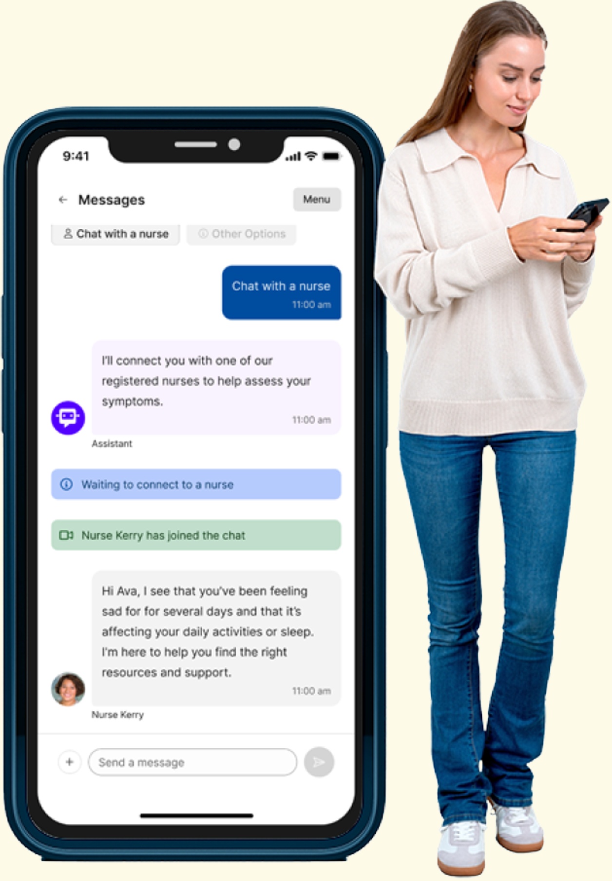 Official Navigator product illustration showing an assistant connecting a member to a nurse in a mobile conversation