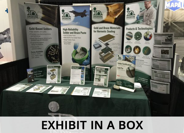 Indium Corporation portable trade-show exhibit with technical product banners, brochures and sample displays
