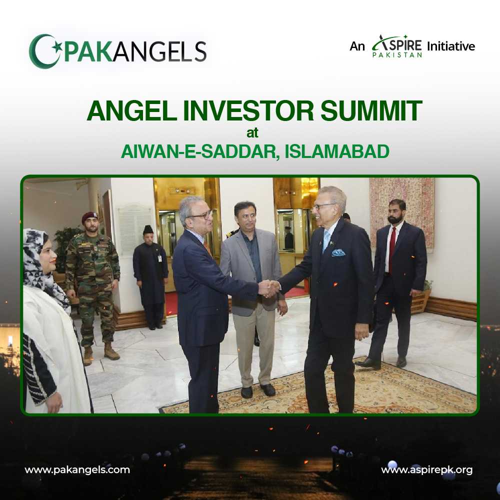 Pak Angels event collage showing a greeting at the President’s House Angel Investor Summit