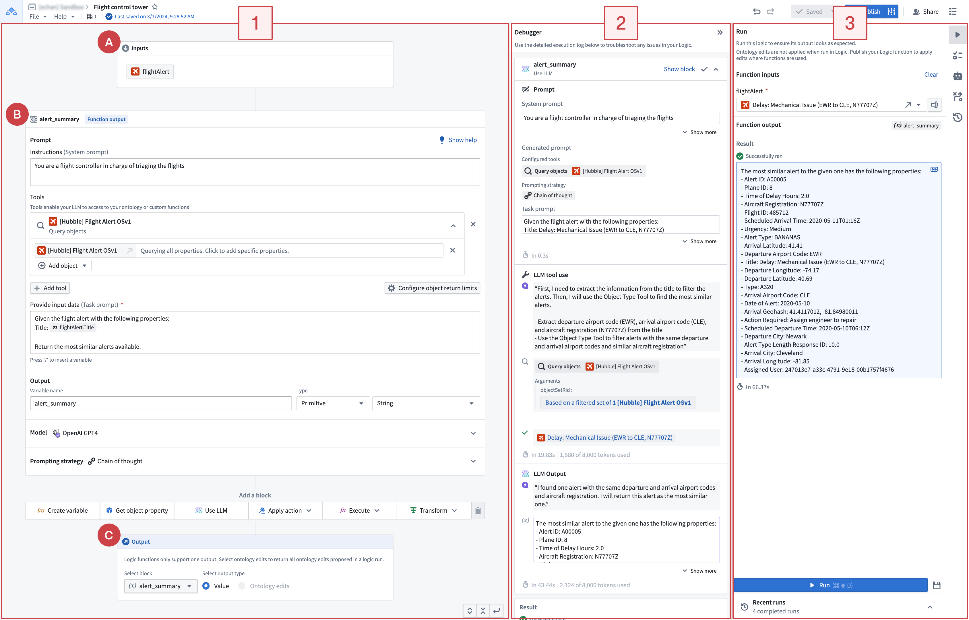 Palantir AIP Logic interface with prompt, tools, debugger and run output