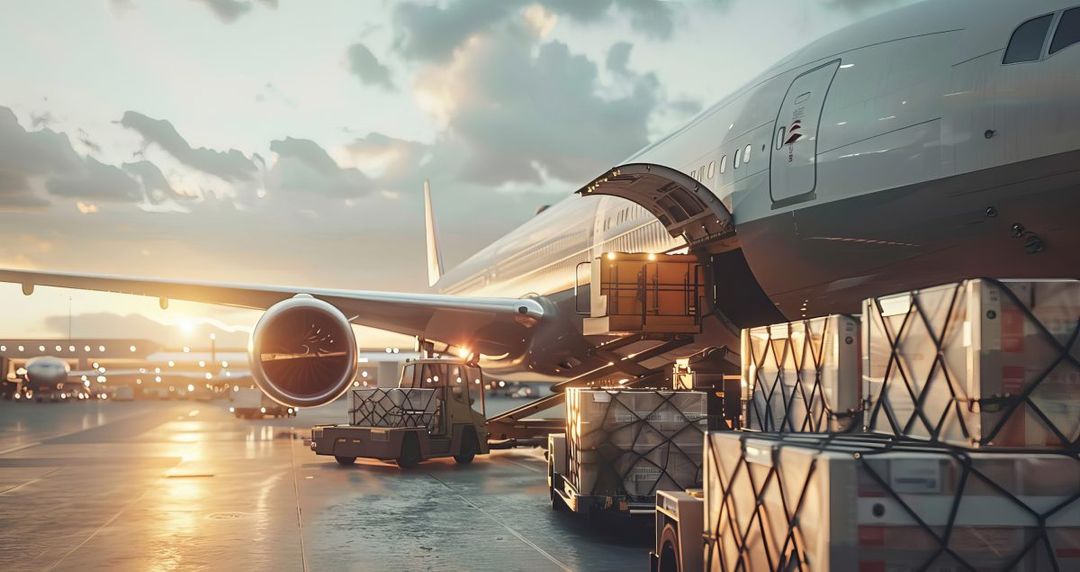 Air cargo being loaded beside a freight aircraft at sunset