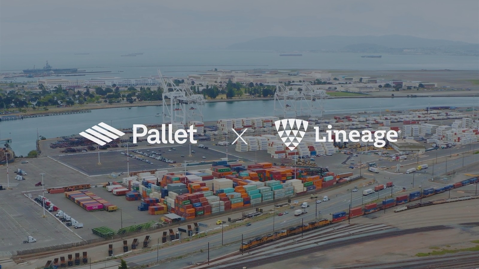 Pallet and Lineage logos over an aerial container-port photograph