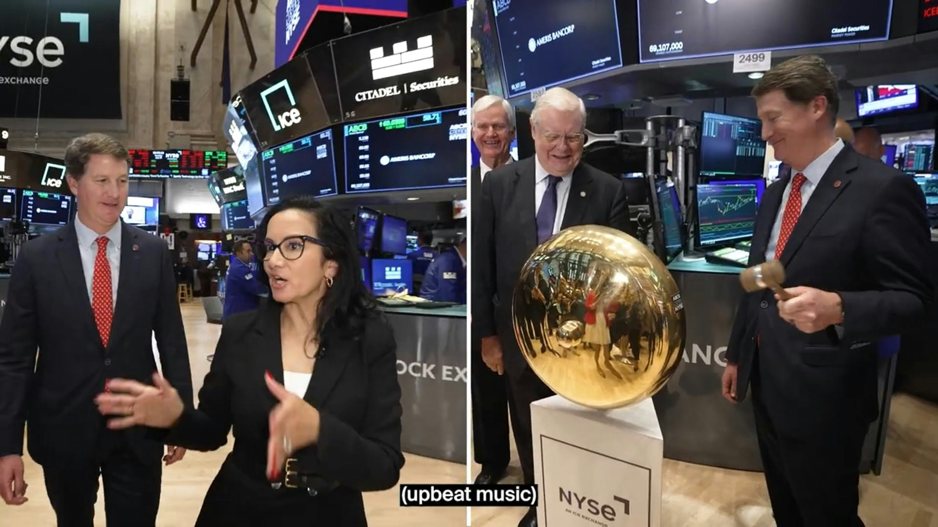 A two-panel NYSE video still: Palmer Proctor speaking with Judy Shaw on the trading floor and holding a mallet beside the exchange bell.