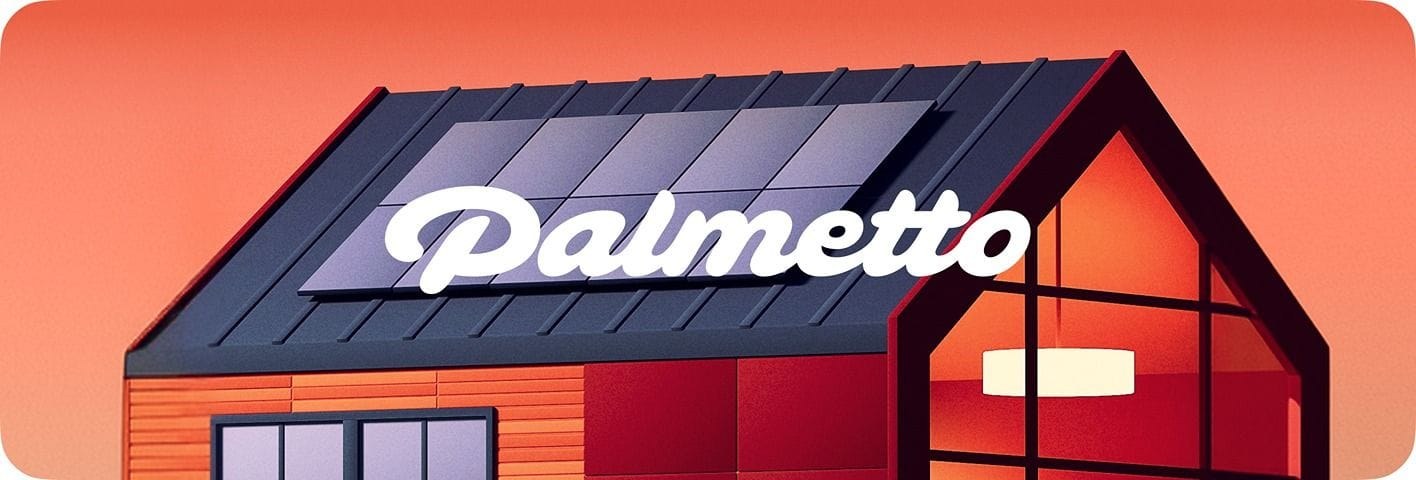 Stylized illustration of a house with solar panels and the Palmetto wordmark across the roof