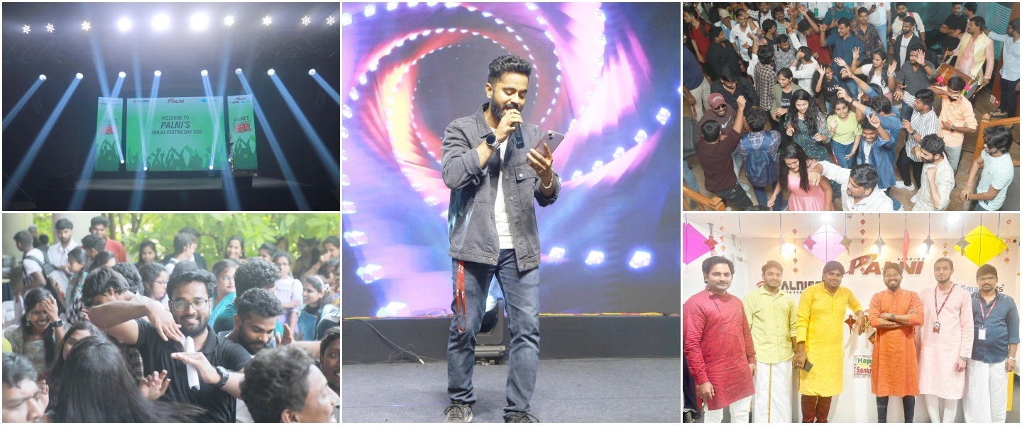 Palni careers-page collage of a stage performance, team dancing, and colleagues in colorful festive clothing