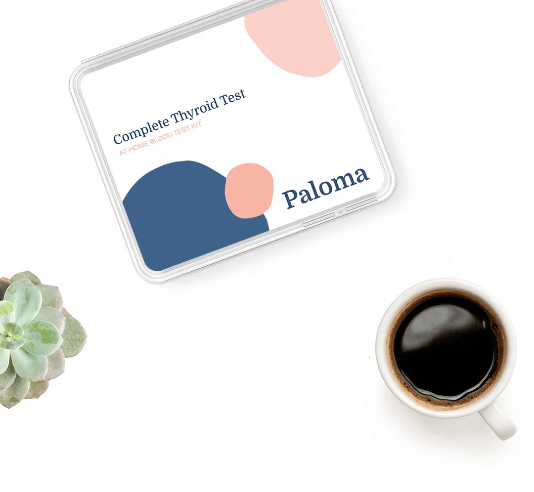Paloma’s complete thyroid test kit photographed beside a succulent and a cup of coffee