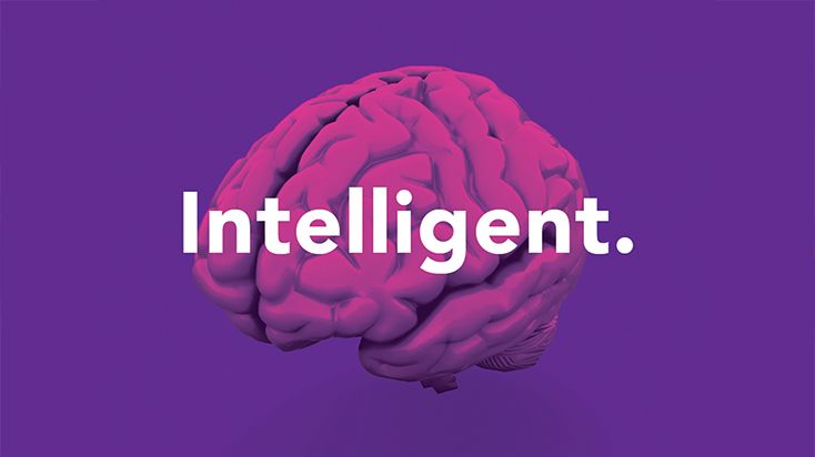 A purple Messagepoint content intelligence graphic with a pink brain and the word Intelligent