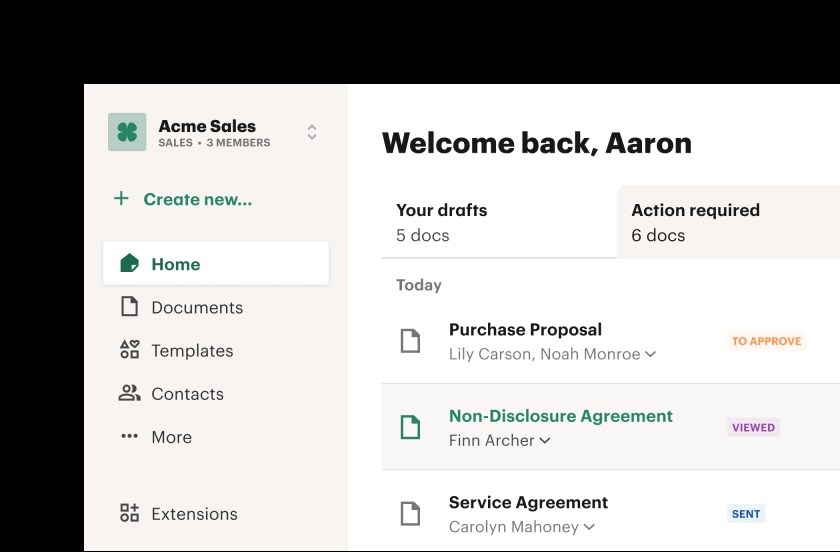 PandaDoc’s illustrative dashboard showing drafts and documents marked to approve, viewed, and sent