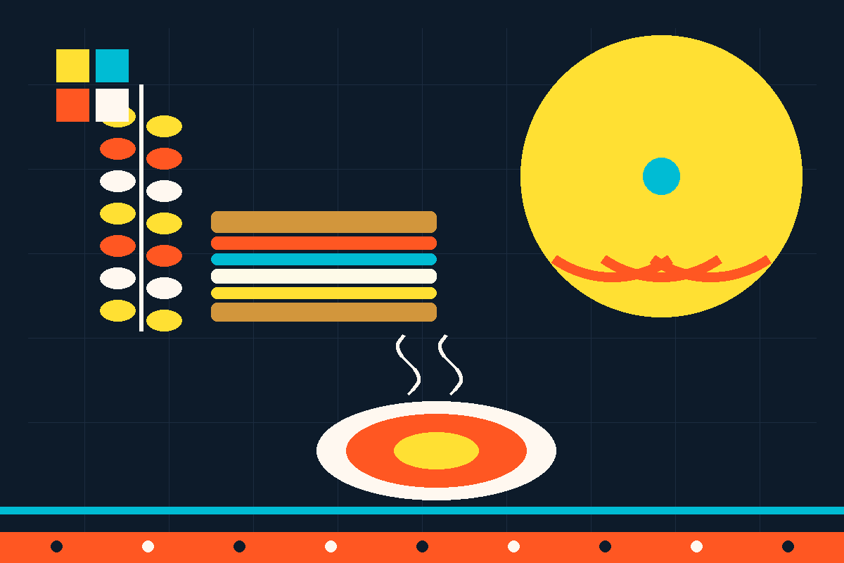 Swiss-style geometric poster of a loaf, soup bowl, wheat and a stacked sandwich in Panera colors