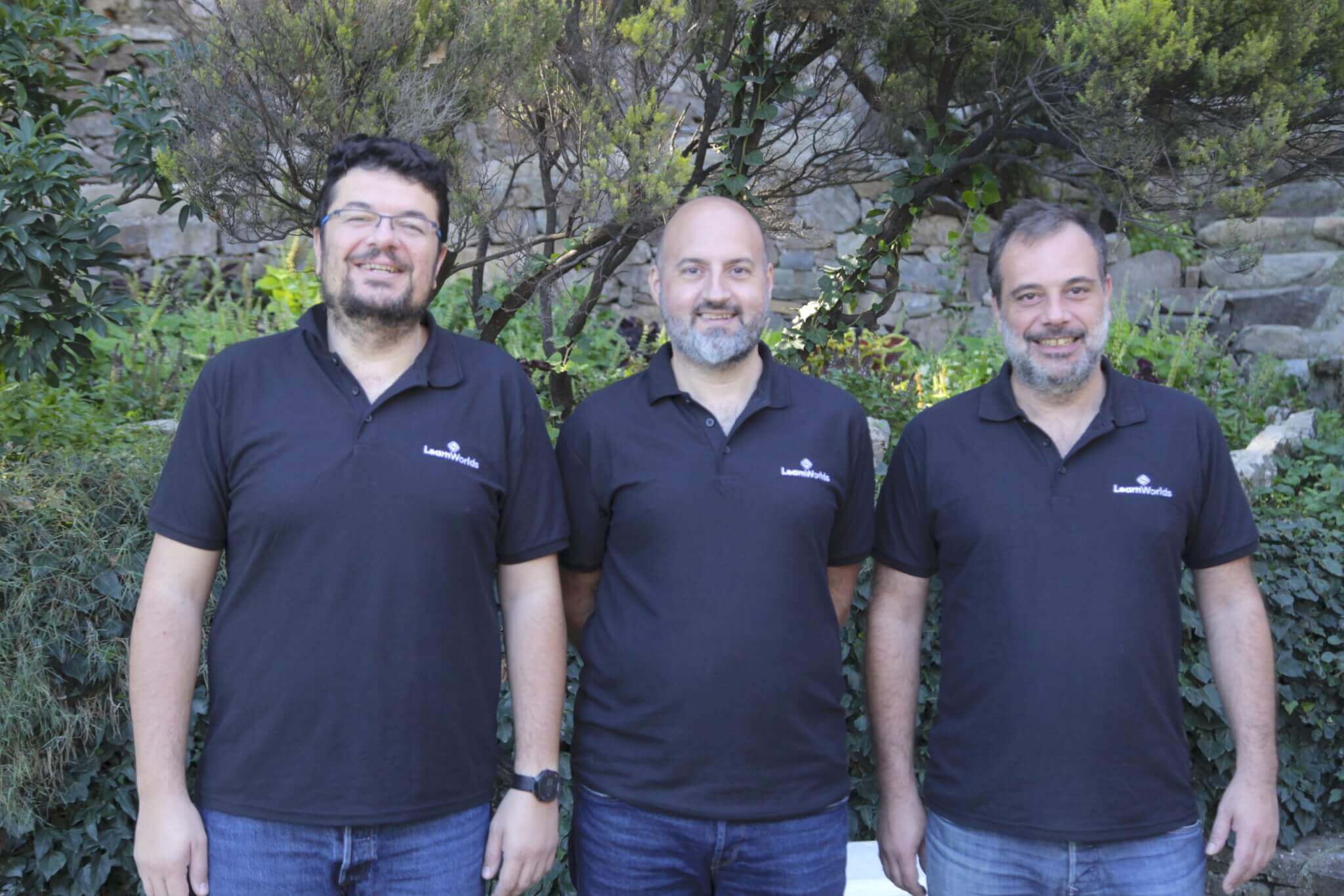 LearnWorlds co-founders George Palaigeorgiou, Panos Siozos and Fanis Despotakis together at a retreat in Crete