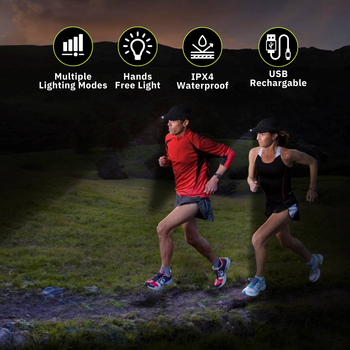 Two runners wearing Panther Vision POWERCAP lighted hats at dusk, with product features listed above them