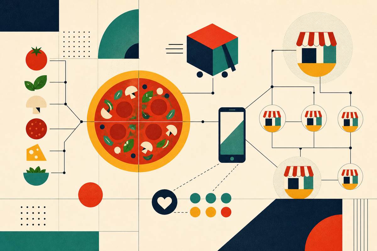 Swiss-style geometric illustration of a pizza connected to delivery, mobile ordering and a network of restaurants