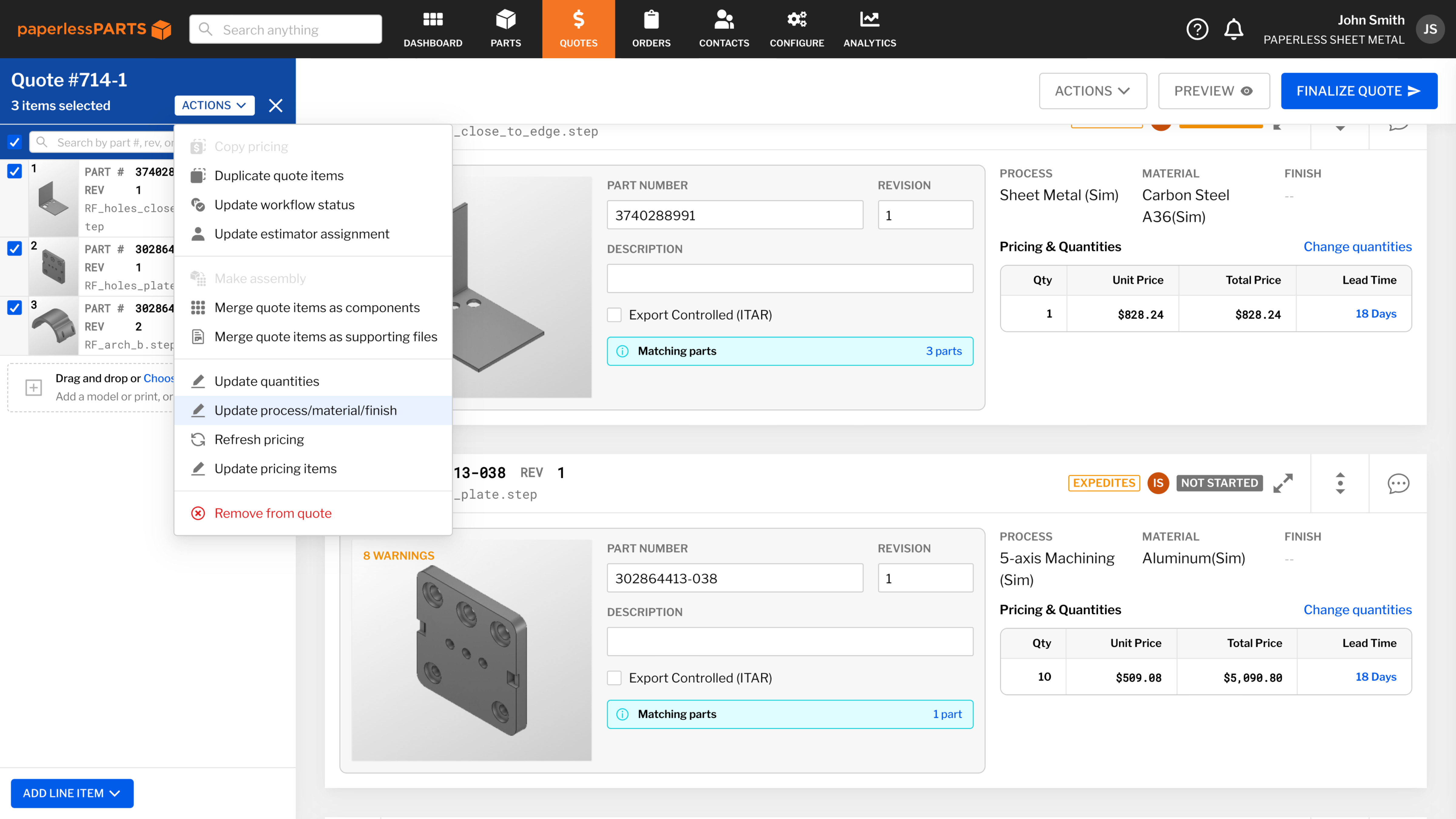 Paperless Parts quoting interface showing several sheet-metal and machined components, prices, warnings and bulk actions