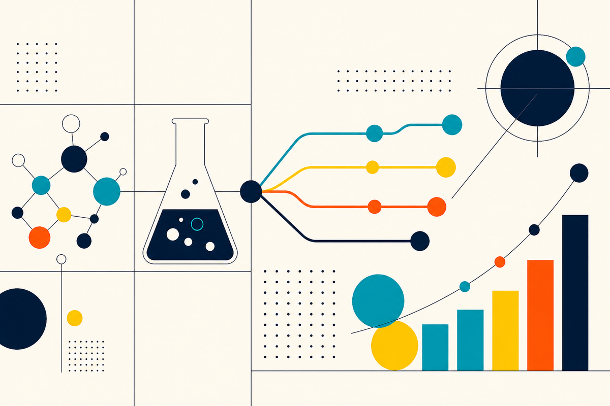 Abstract Swiss-style composition showing molecules, a laboratory flask, branching development paths and a portfolio curve