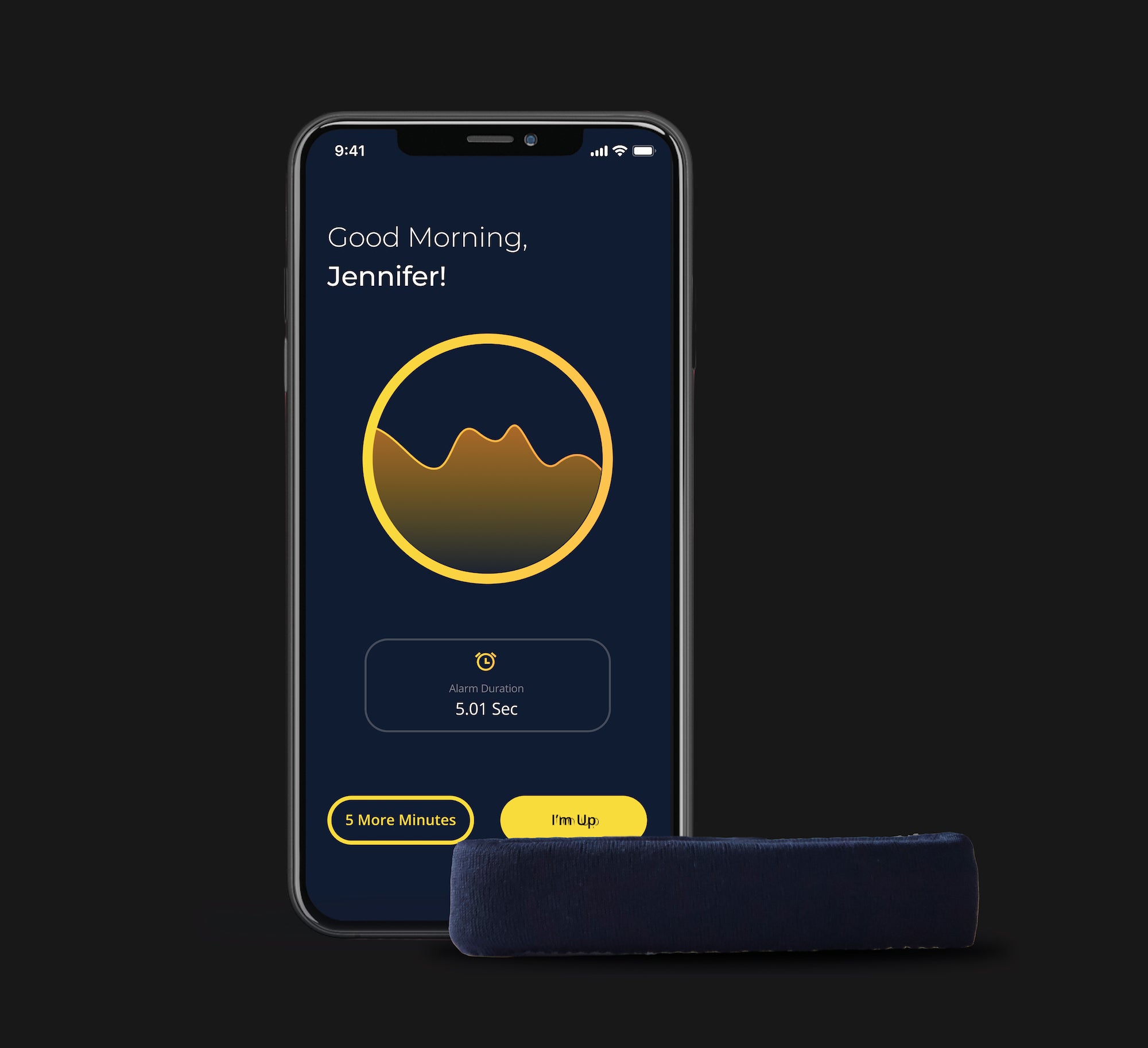 The VibeRise app showing a Good Morning screen next to the navy fabric band