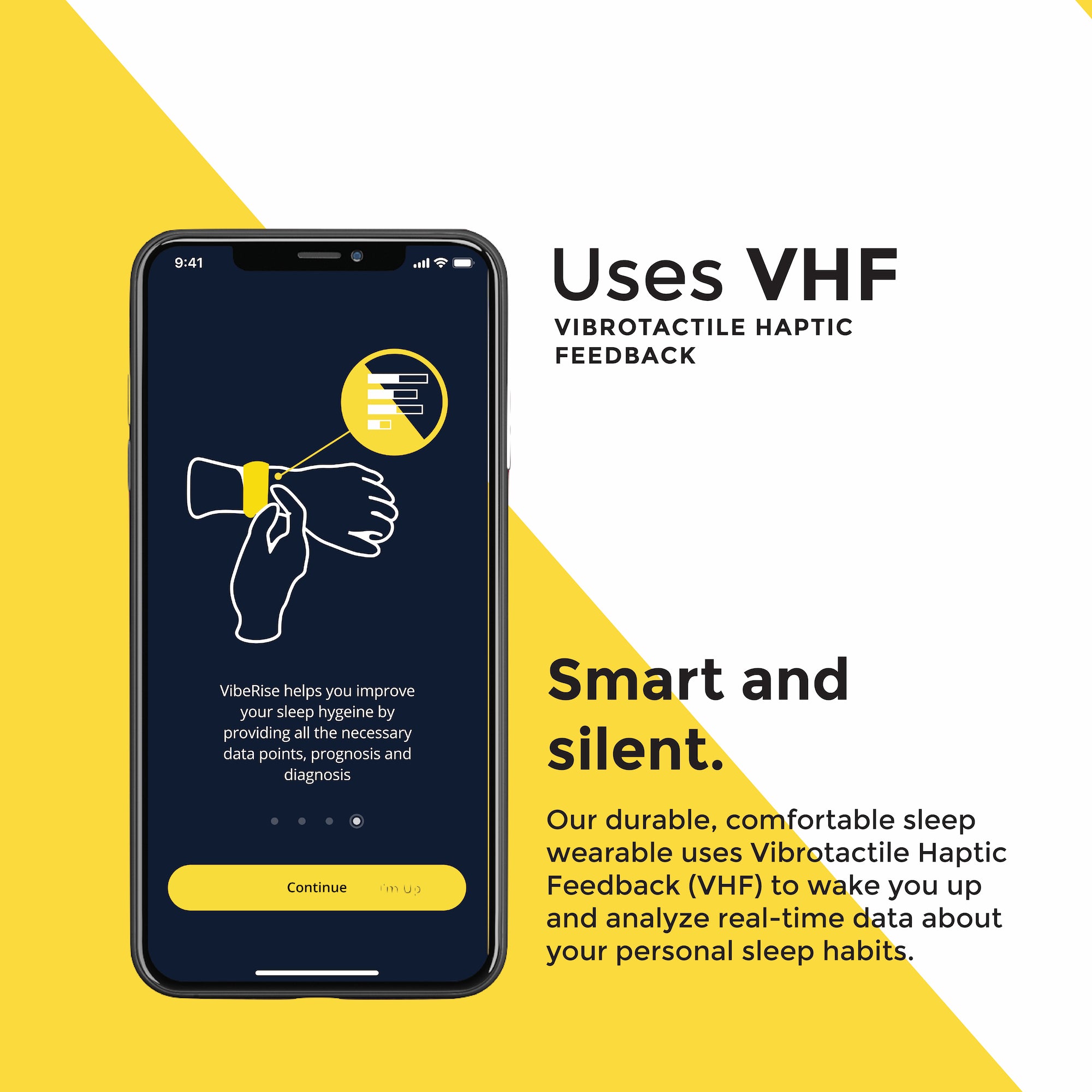 Infographic explaining VibeRise vibrotactile haptic feedback, smart and silent