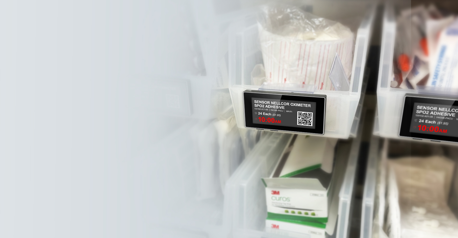 Electronic product labels attached to hospital supply bins