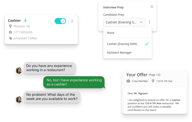 Official Paradox product interface showing candidate information, screening chat, interview preparation, and an offer letter