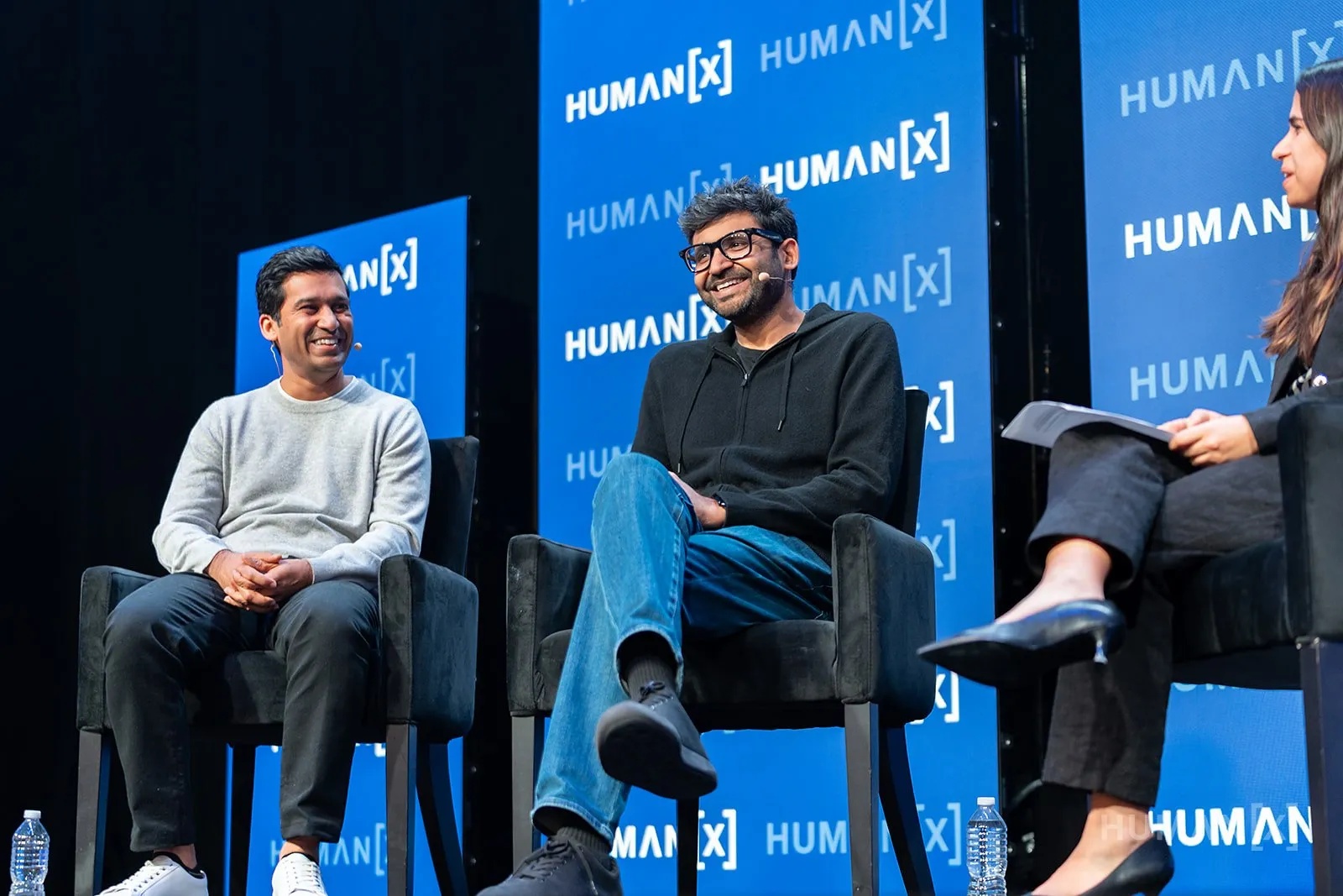 Parag Agrawal, seated at centre, speaking on a HUMAN[X] conference panel alongside Index Ventures partner Shardul Shah