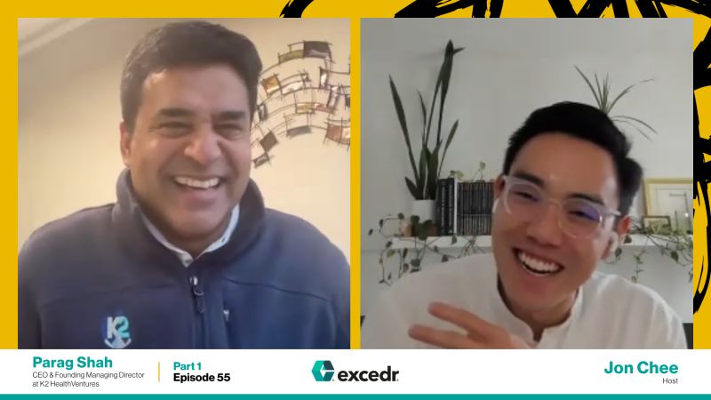 Parag Shah, left, speaking with podcast host Jon Chee in a split-screen interview