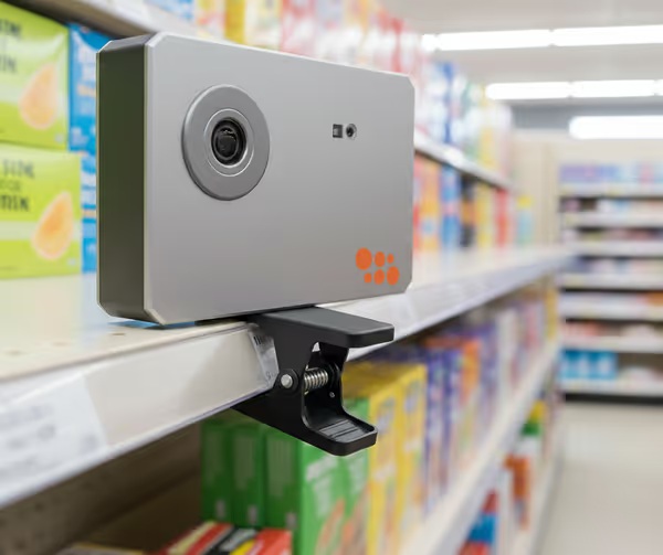 ShelfWatch Camera attached to a retail shelf with a clamp