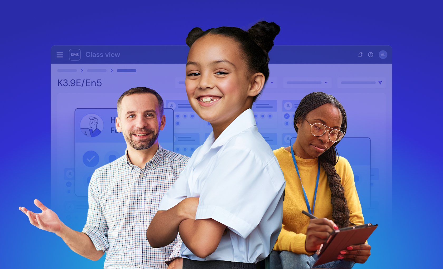 ParentPay promotional composite showing a pupil and two adults in front of a SIMS class-view screen