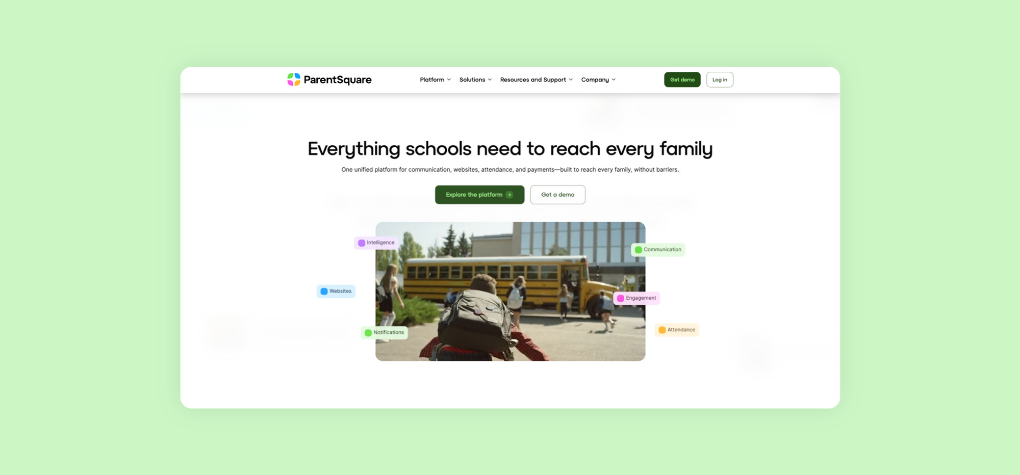 ParentSquare product website showing communication, websites, attendance, payments and intelligence