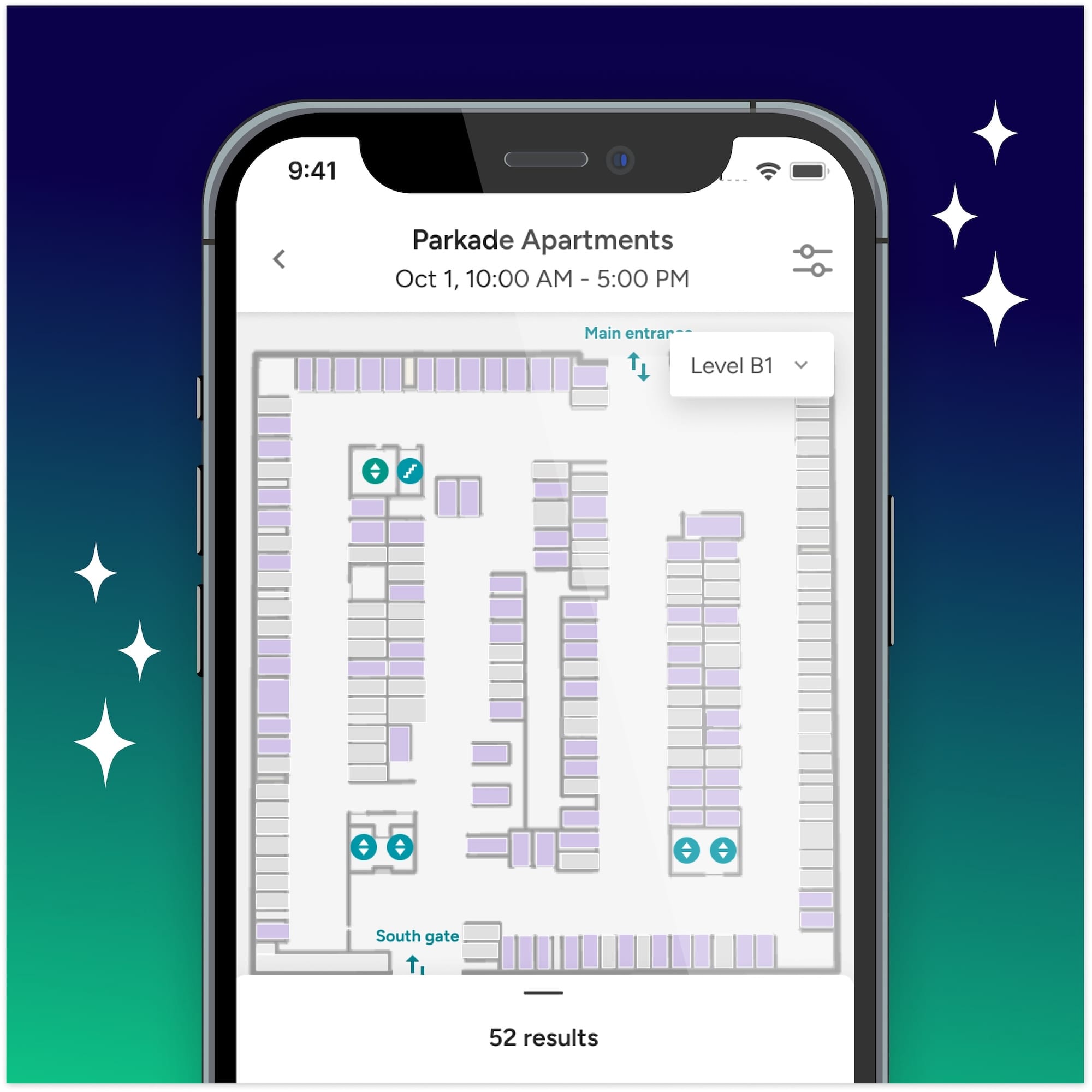 Parkade app showing an interactive map of available parking spaces