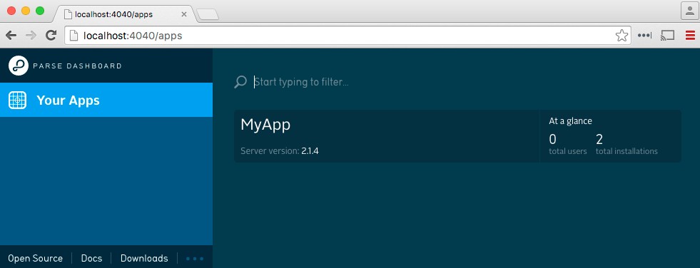 Parse Dashboard interface showing an app overview